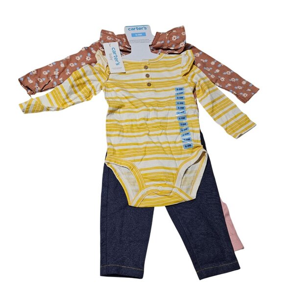 Carters Baby Girl Size 6-9M Floral & Stripe 4 Piece Set Bodysuit Legging Jeans - Picture 1 of 8